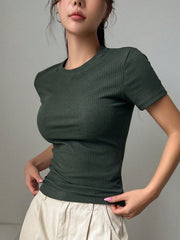 DAZY Women Fashionable Slim Fit Solid Color Short Sleeve T-Shirt Dark Green