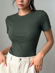 DAZY Women Fashionable Slim Fit Solid Color Short Sleeve T-Shirt Dark Green