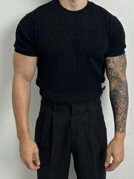 Manfinity Hypemode Men's Solid Color Knitted Short Sleeve Top Black