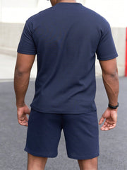 Manfinity Homme Men Summer Casual Color-Block Pocket Short Sleeve T-Shirt And Shorts Set Navy Blue