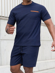 Manfinity Homme Men Summer Casual Color-Block Pocket Short Sleeve T-Shirt And Shorts Set Navy Blue
