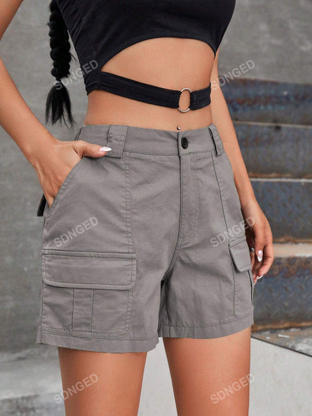 Women Solid Color Casual Loose Cargo Shorts, Versatile Design Light Grey
