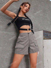 Women Solid Color Casual Loose Cargo Shorts, Versatile Design Light Grey