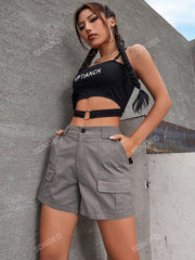 Women Solid Color Casual Loose Cargo Shorts, Versatile Design Light Grey