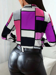 INAWLY Women's Colorful Block Panel Button-Down Shirt,Long Sleeve Tops Purple