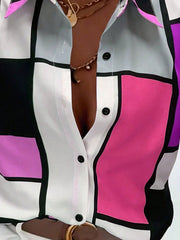 INAWLY Women's Colorful Block Panel Button-Down Shirt,Long Sleeve Tops Purple