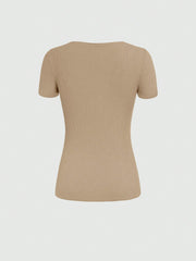 INAWLY Women Solid Color Button-Front Slim Fit Short Sleeve T-Shirt For Summer Apricot