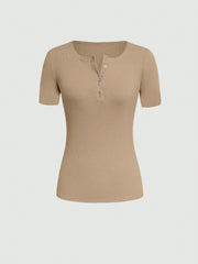 INAWLY Women Solid Color Button-Front Slim Fit Short Sleeve T-Shirt For Summer Apricot