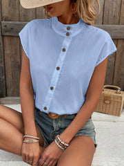 EMERY ROSE Women's Summer Stand Collar Single-Breasted Batwing Sleeve Loose Casual Shirt,Short Sleeve Tops Baby Blue