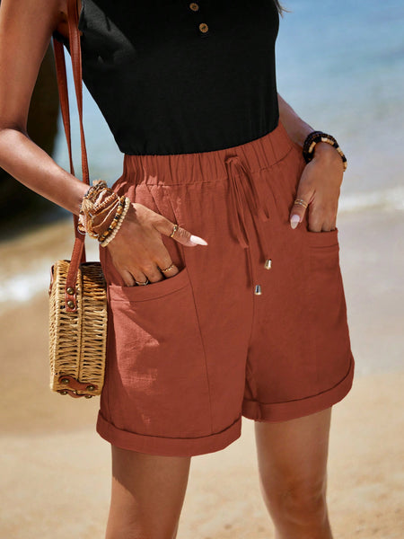 EMERY ROSE Vacation Style Casual Rolled Hem, Front Knotted, Double Pocket  Shorts Rust Brown