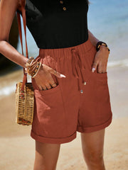 EMERY ROSE Vacation Style Casual Rolled Hem, Front Knotted, Double Pocket  Shorts Rust Brown