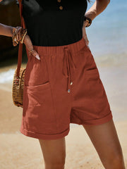 EMERY ROSE Vacation Style Casual Rolled Hem, Front Knotted, Double Pocket  Shorts Rust Brown