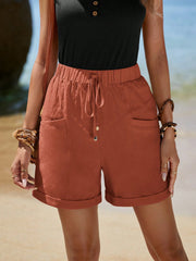 EMERY ROSE Vacation Style Casual Rolled Hem, Front Knotted, Double Pocket  Shorts Rust Brown