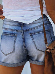 Women's Pocketed Ripped Hem Two-Button Basic Denim Shorts Light Wash