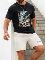 Manfinity Homme Men's Palm Tree Letter Printed Round Neck Short Sleeve Casual T-Shirt And Shorts Set, Summer Multicolor