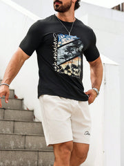 Manfinity Homme Men's Palm Tree Letter Printed Round Neck Short Sleeve Casual T-Shirt And Shorts Set, Summer Multicolor