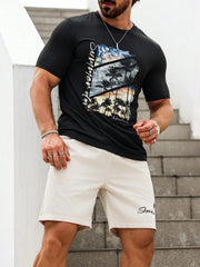 Manfinity Homme Men's Palm Tree Letter Printed Round Neck Short Sleeve Casual T-Shirt And Shorts Set, Summer Multicolor