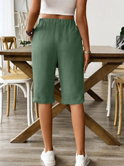SHEIN LUNE Elastic Waist Faux Linen Summer Casual Shorts (Five-Point Length) Army Green