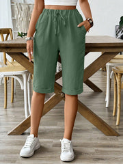 SHEIN LUNE Elastic Waist Faux Linen Summer Casual Shorts (Five-Point Length) Army Green