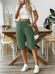 SHEIN LUNE Elastic Waist Faux Linen Summer Casual Shorts (Five-Point Length) Army Green