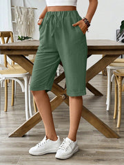 SHEIN LUNE Elastic Waist Faux Linen Summer Casual Shorts (Five-Point Length) Army Green