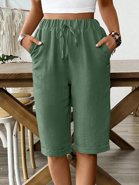SHEIN LUNE Elastic Waist Faux Linen Summer Casual Shorts (Five-Point Length) Army Green