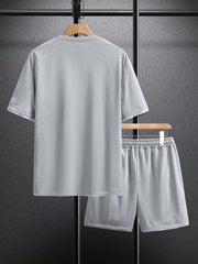 Manfinity Homme Men Letter Patched Detail Contrast Trim Tee & Drawstring Waist Shorts Light Grey