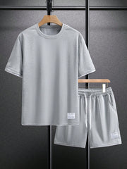 Manfinity Homme Men Letter Patched Detail Contrast Trim Tee & Drawstring Waist Shorts Light Grey