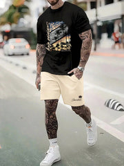 Manfinity Homme Men's Palm Tree Letter Printed Round Neck Short Sleeve Casual T-Shirt And Shorts Set, Summer Multicolor