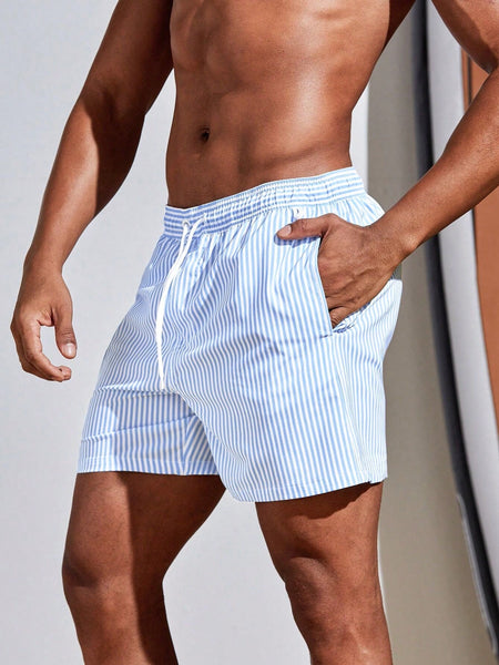 Manfinity Swimmode Men Vertical Striped Drawstring Waist Swim Trunks Blue and White