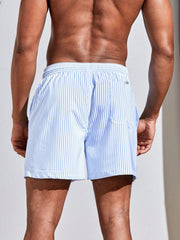 Manfinity Swimmode Men Vertical Striped Drawstring Waist Swim Trunks Blue and White