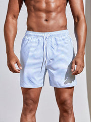 Manfinity Swimmode Men Vertical Striped Drawstring Waist Swim Trunks Blue and White