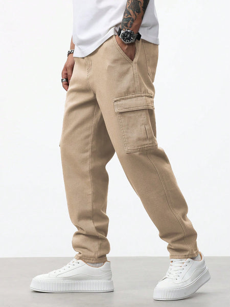 Manfinity RivetRise Men Flap Pocket Side Cargo Jeans Khaki