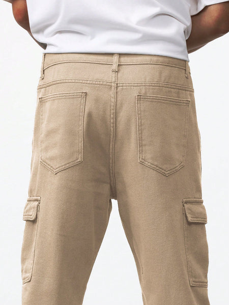Manfinity RivetRise Men Flap Pocket Side Cargo Jeans Khaki