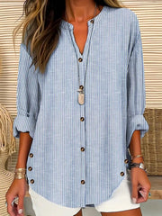 INAWLY Women's Vertical Striped Notched Collar Shirt,Long Sleeve Tops Blue