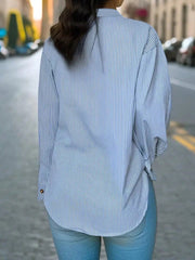 INAWLY Women's Vertical Striped Notched Collar Shirt,Long Sleeve Tops Blue