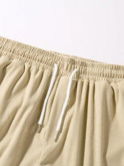 Men's Solid Color Drawstring Shorts With Pockets, Summer Casual Shorts Khaki