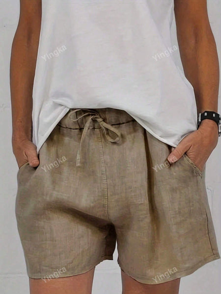 Women's Linen Fabric Elastic Waist Drawstring Casual Shorts Brown