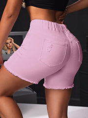 SHEIN SXY Summer Casual Distressed Frayed Hem Slim Fit Denim Shorts Pink