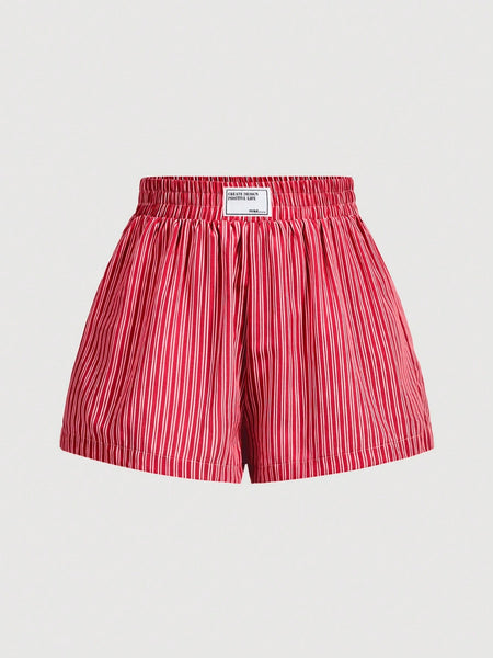 SHEIN MOD Women's Casual Loose Hi-Letter Striped Waistband Elastic Waist Shorts Red