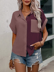 SHEIN LUNE Contrast Color Button Front Pocket Short Sleeve Shirt, Summer,Short Sleeve Tops Red Violet