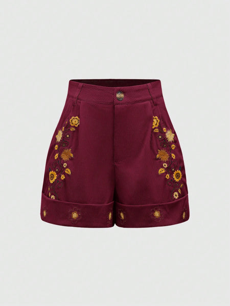 ROMWE Hippie Women's Vacation Casual Floral Embroidered Shorts Burgundy