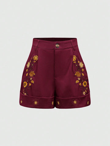 ROMWE Hippie Women's Vacation Casual Floral Embroidered Shorts Burgundy