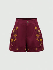 ROMWE Hippie Women's Vacation Casual Floral Embroidered Shorts Burgundy