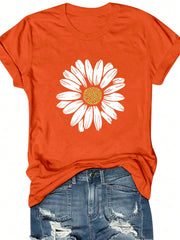 INAWLY Floral Print Short Sleeve Casual T-Shirt, Women Round Neck Pullover Flower Pattern Top Graphic Tees Women Tops Orange