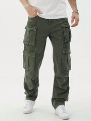 Manfinity EMRG Men Casual Washed Denim Cargo Pants, Plain Olive Green Long Straight Leg Washed Cargo Jeans, For Husband, Boyfriend Gifts Army Green