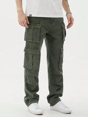 Manfinity EMRG Men Casual Washed Denim Cargo Pants, Plain Olive Green Long Straight Leg Washed Cargo Jeans, For Husband, Boyfriend Gifts Army Green