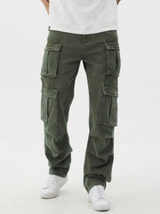 Manfinity EMRG Men Casual Washed Denim Cargo Pants, Plain Olive Green Long Straight Leg Washed Cargo Jeans, For Husband, Boyfriend Gifts Army Green