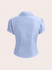 Sweetra V Neck Ruched Keyhole Front Fitted Short Sleeve Shirt, Fashionable And Versatile For Office,Short Sleeve Tops Blue and White