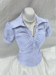Sweetra V Neck Ruched Keyhole Front Fitted Short Sleeve Shirt, Fashionable And Versatile For Office,Short Sleeve Tops Blue and White